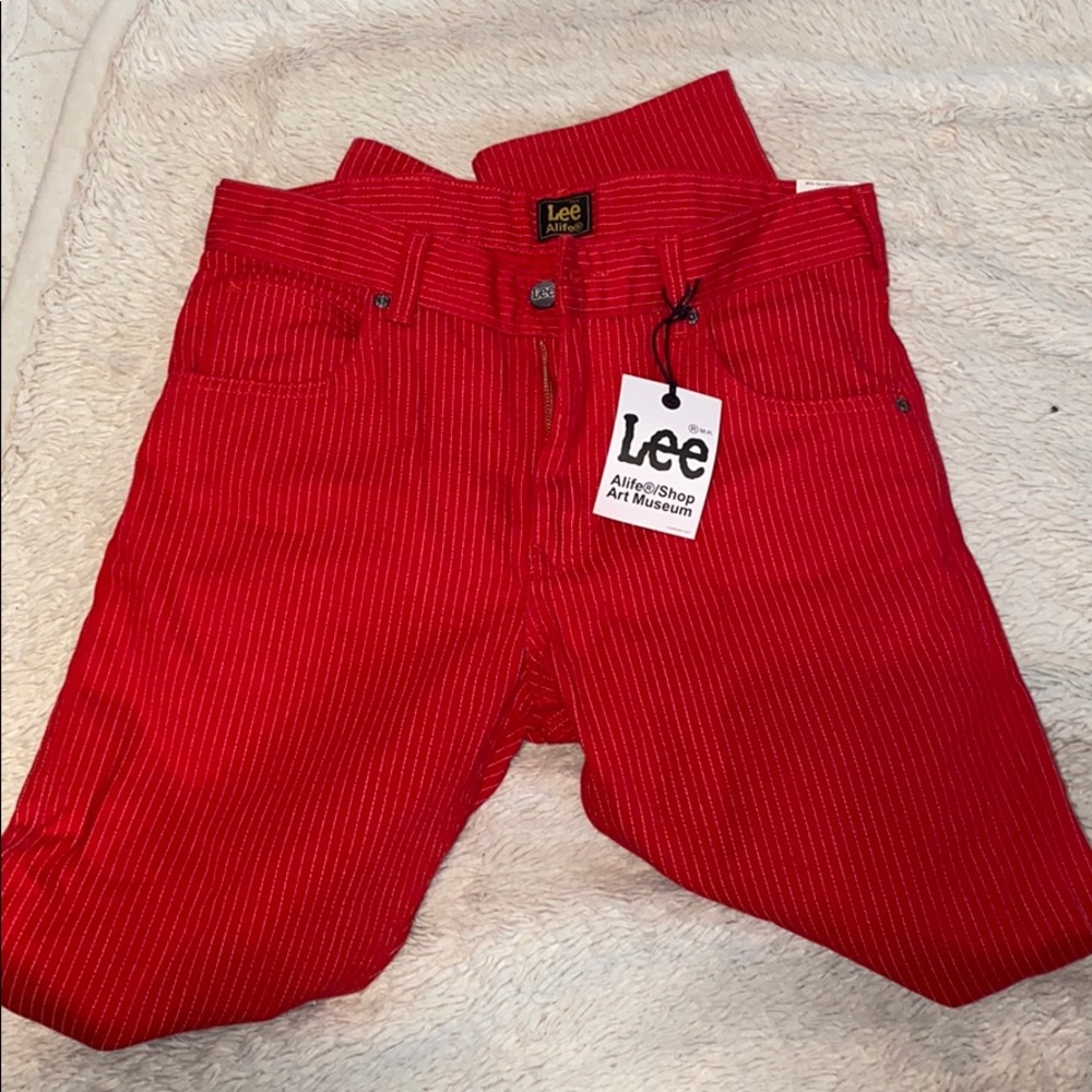 Red pinstriped Lee x Alife pants